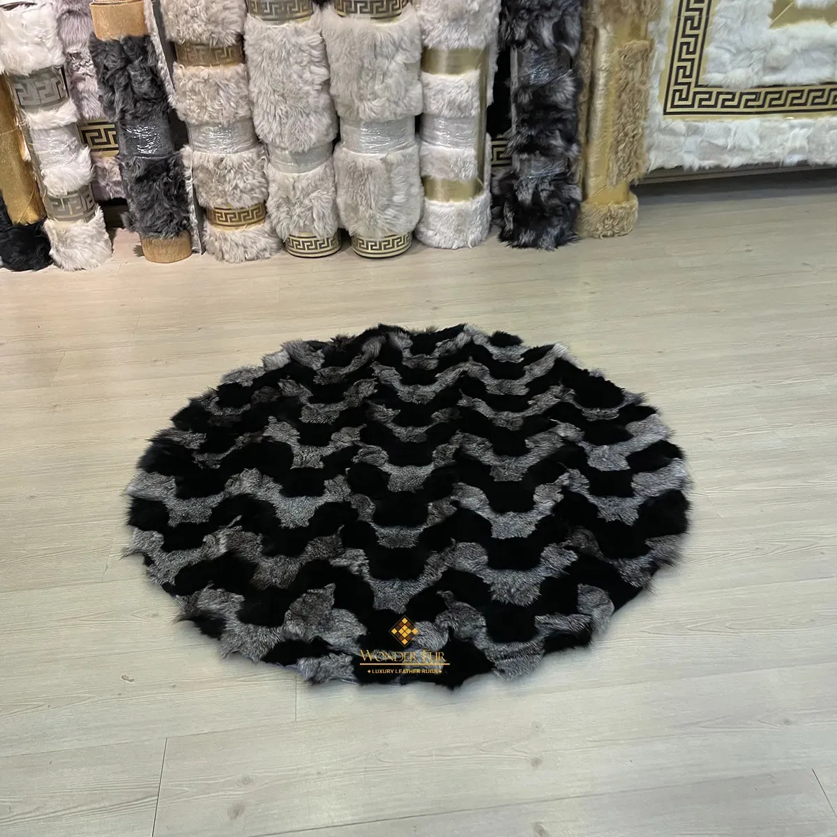 100% Genuine Black and Gray Striped Fluffy Round Fox Fur Area Rug