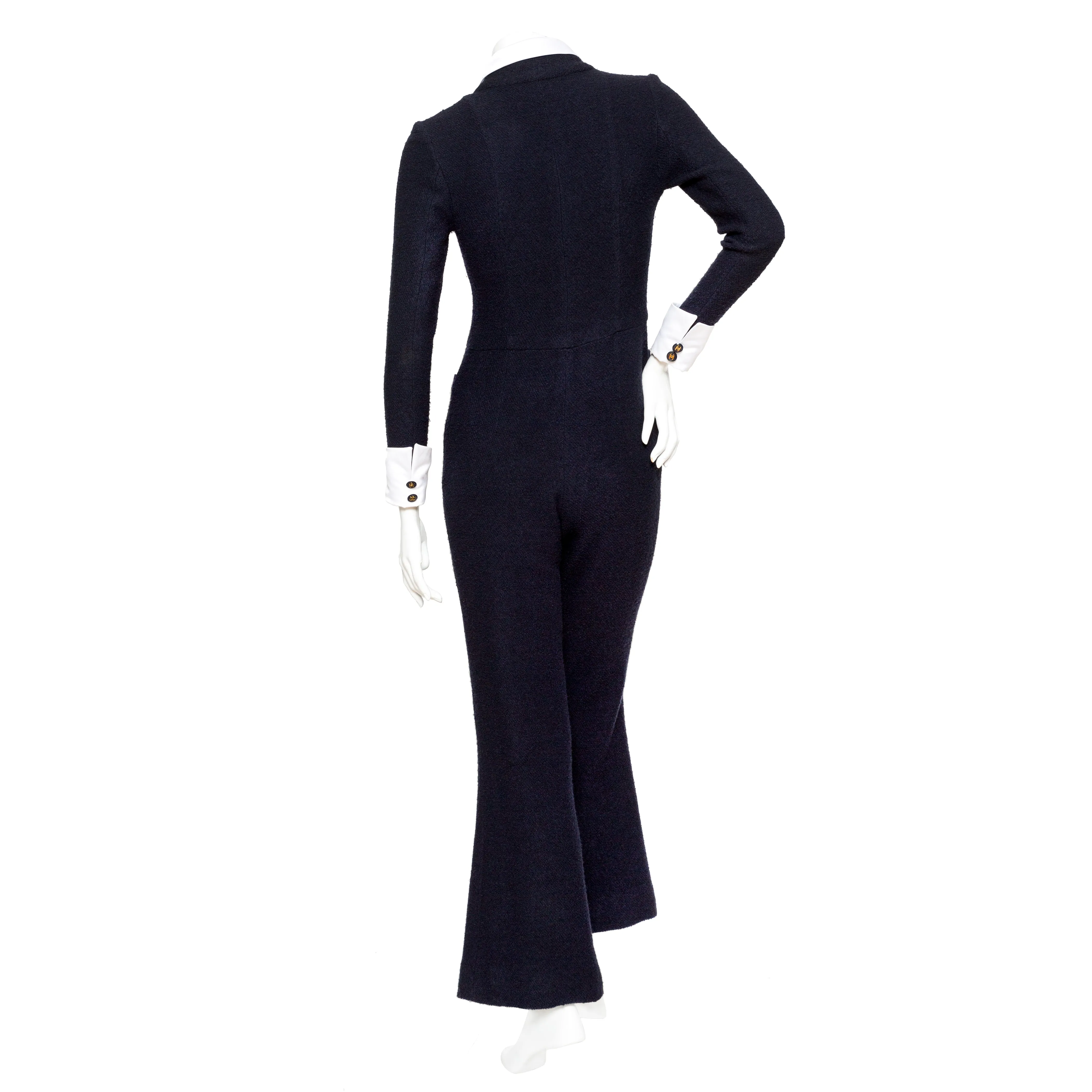 1990s Navy Blue Wool and Satin Collared Jumpsuit