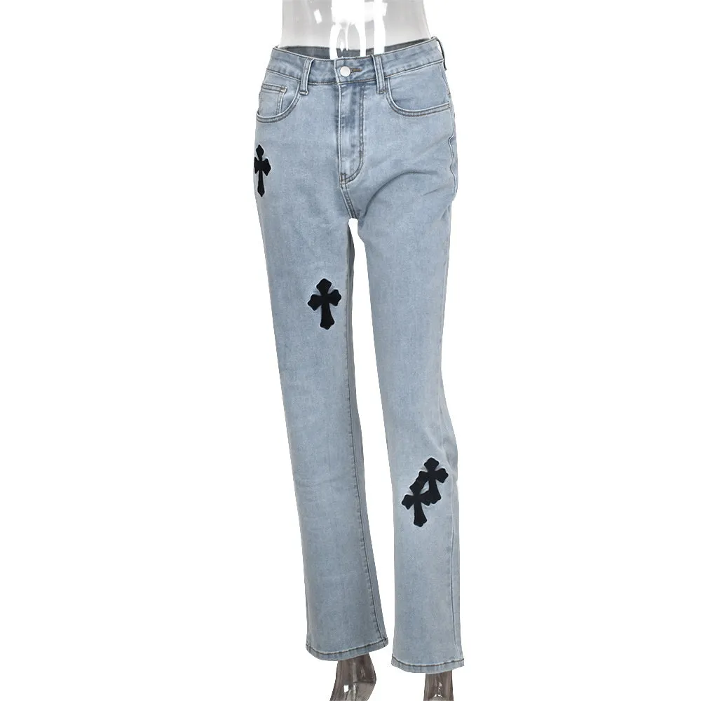 Amy Fashion - Casual Cross Printed Baggy Jeans