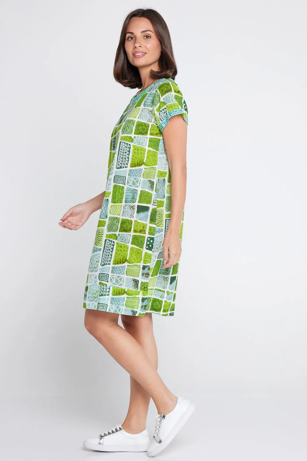 Barbara Petite Cotton Dress - Green Patch