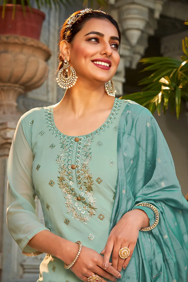 Beautiful Seafoam Blue Georgette Festive Designer Sharara Suit