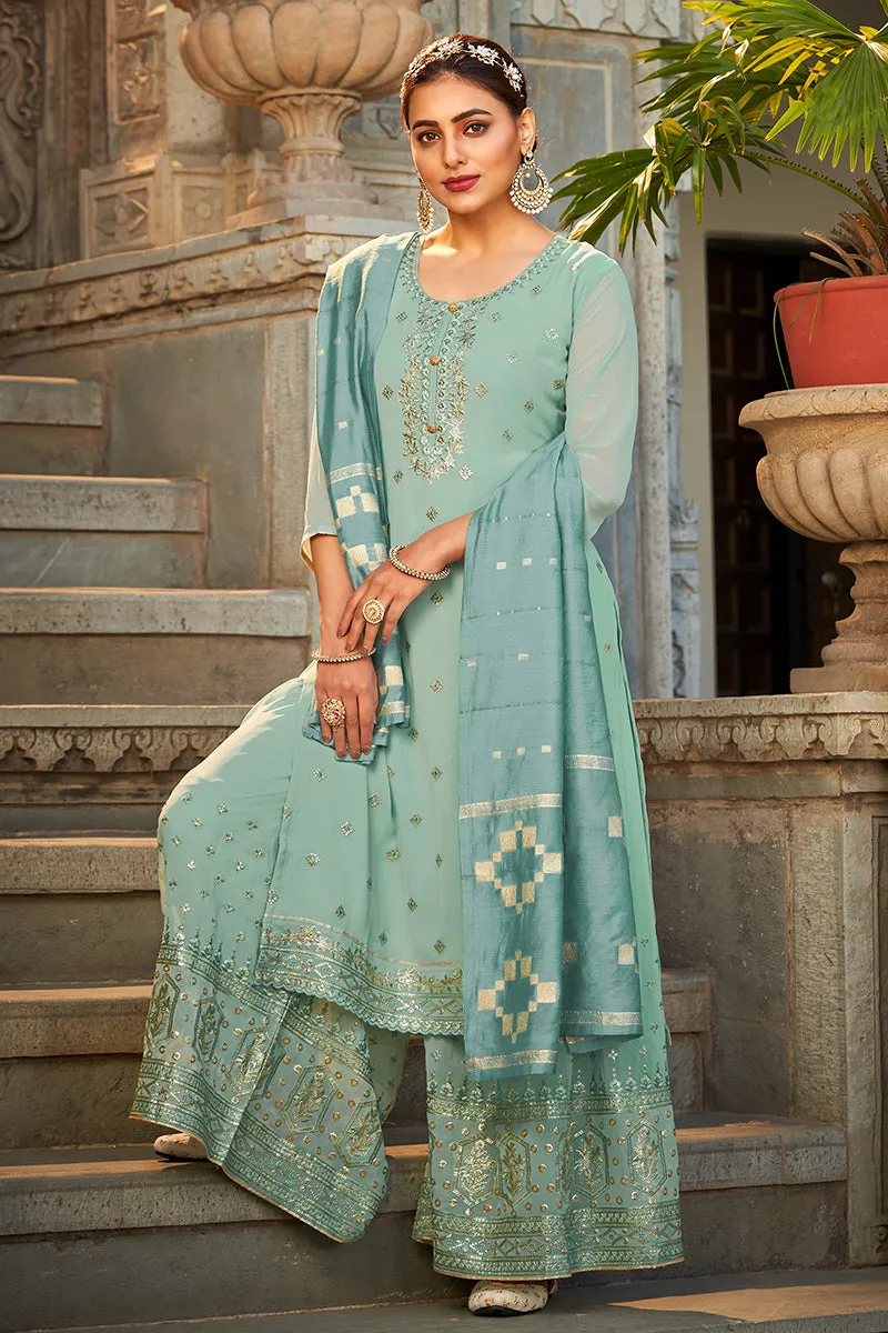 Beautiful Seafoam Blue Georgette Festive Designer Sharara Suit