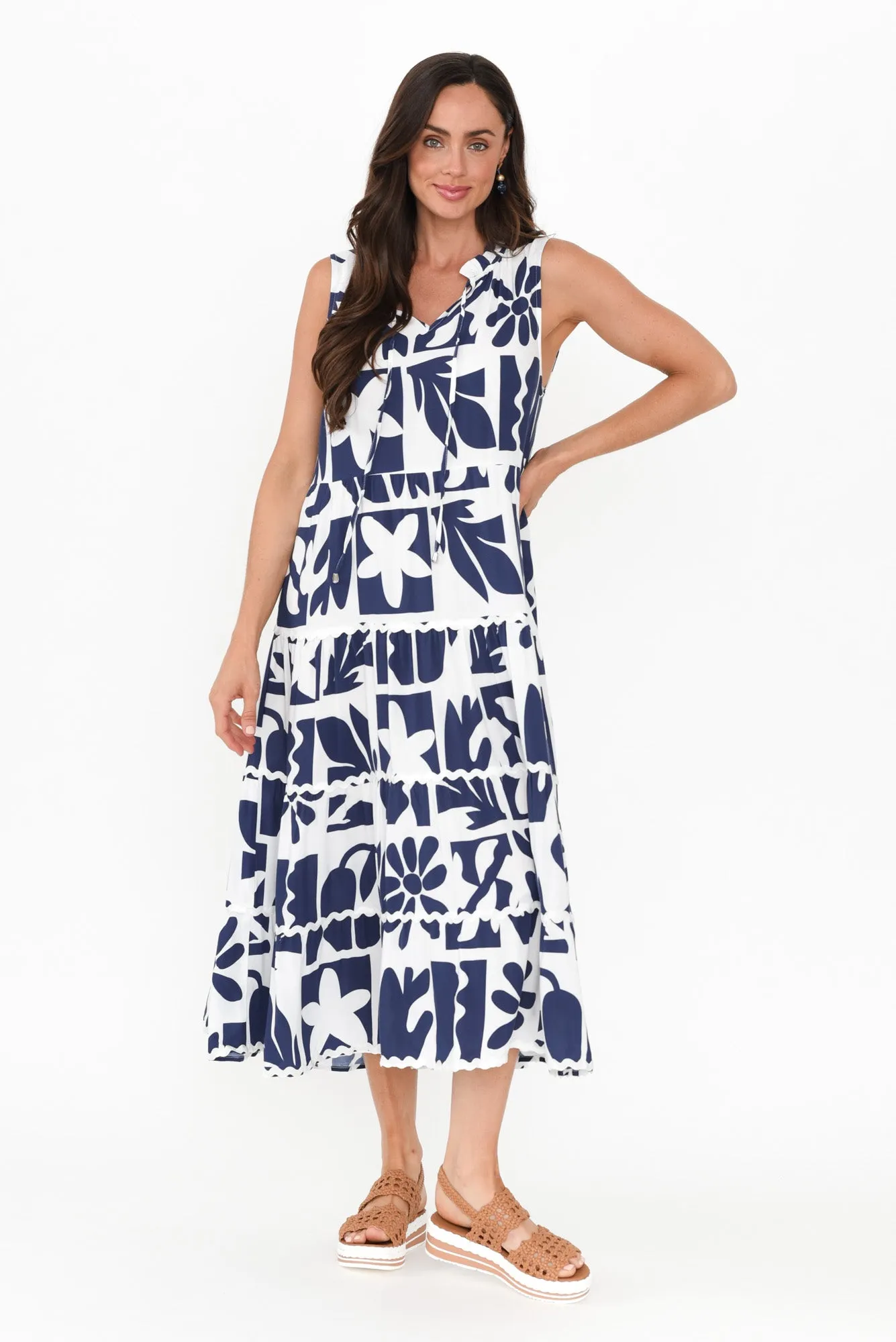 Brunswick Navy Mosaic Tiered Dress