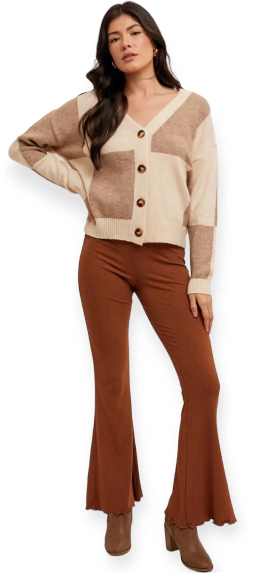 Camel Ribbed Knit Flare Pants