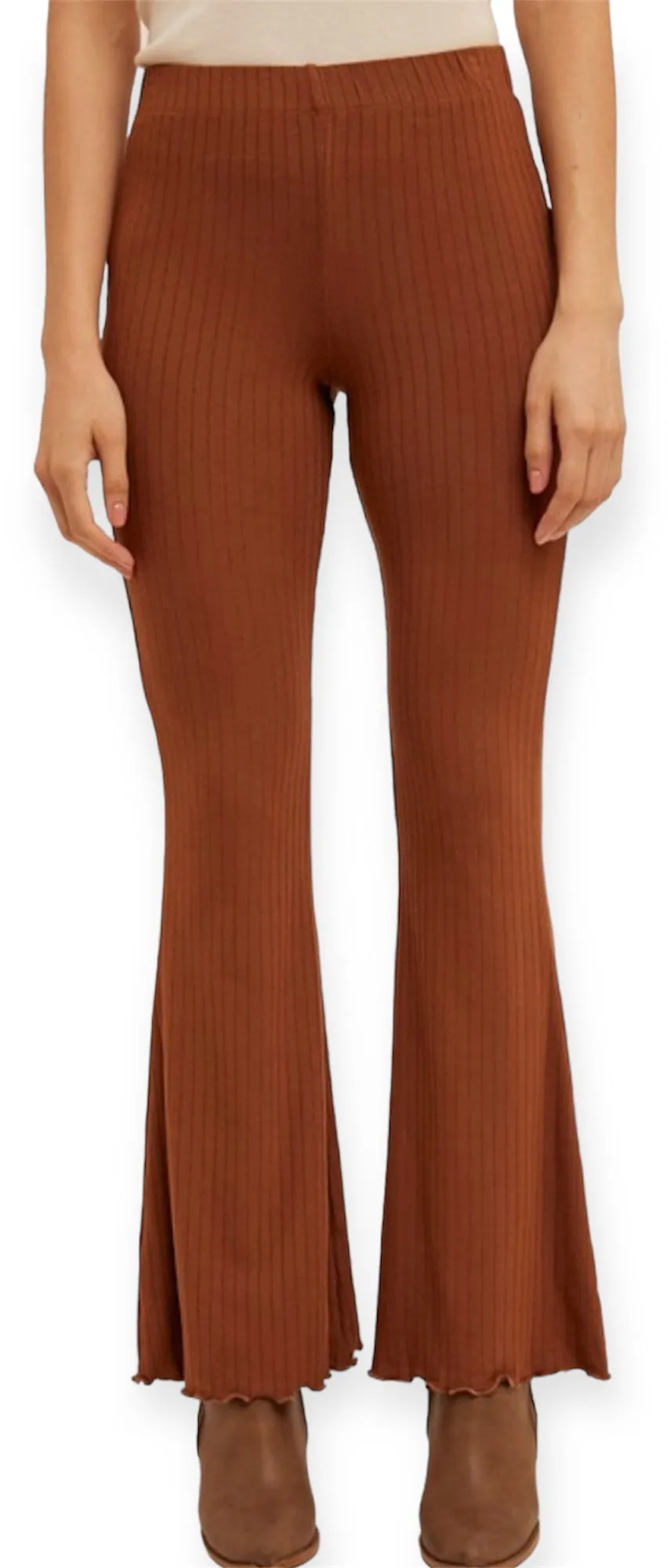 Camel Ribbed Knit Flare Pants