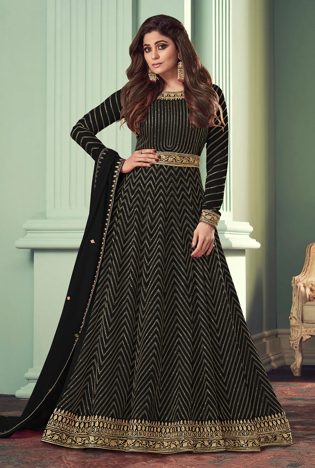 Charcoal Black Belt Style Anarkali Featuring Shamita Shetty