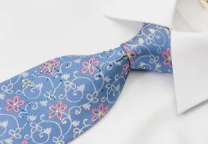 Christian Aujard Men's Woven Silk Necktie Floral On Blue  With Rhinestones