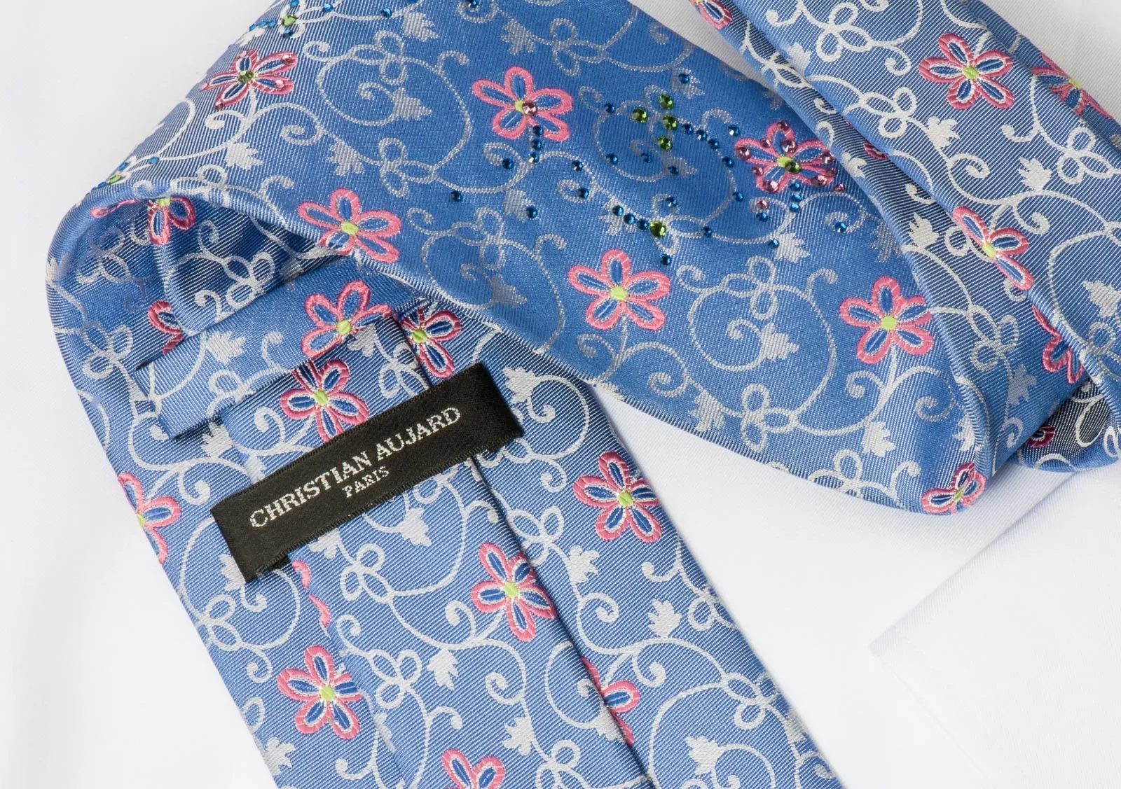 Christian Aujard Men's Woven Silk Necktie Floral On Blue  With Rhinestones