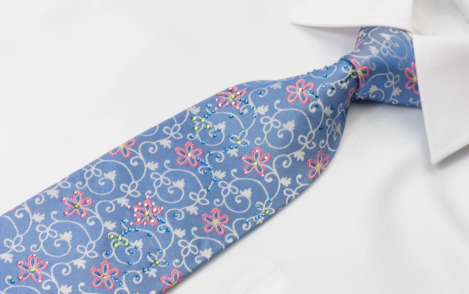 Christian Aujard Men's Woven Silk Necktie Floral On Blue  With Rhinestones