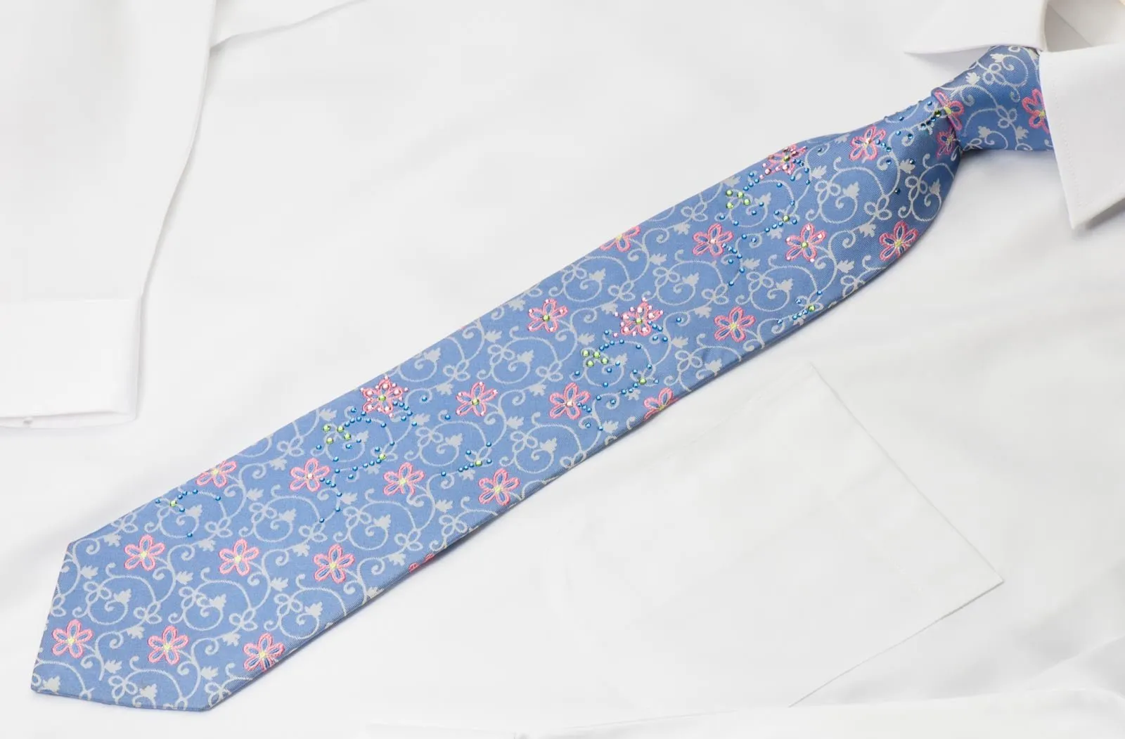 Christian Aujard Men's Woven Silk Necktie Floral On Blue  With Rhinestones