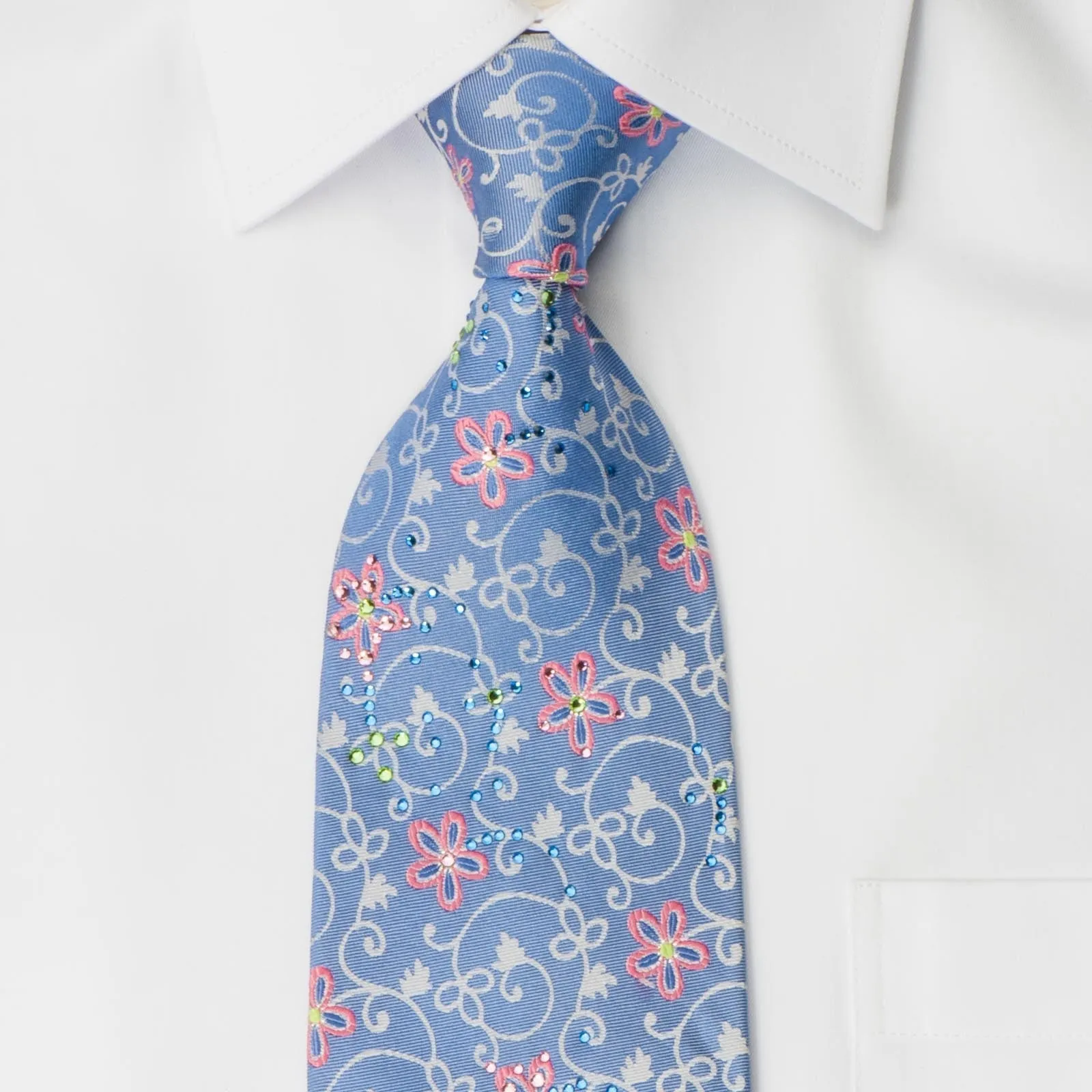 Christian Aujard Men's Woven Silk Necktie Floral On Blue  With Rhinestones