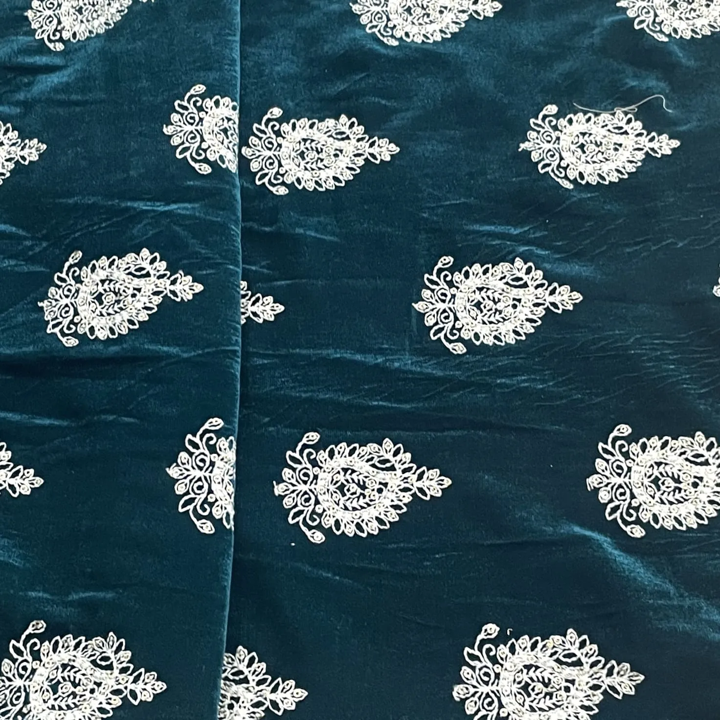 Classic Teal Blue Paisley Sequins Embroidery Velvet Fabric