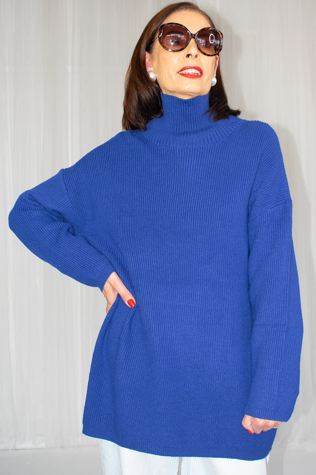 Classic Turtle Neck Slouchy Knit in Royal Blue