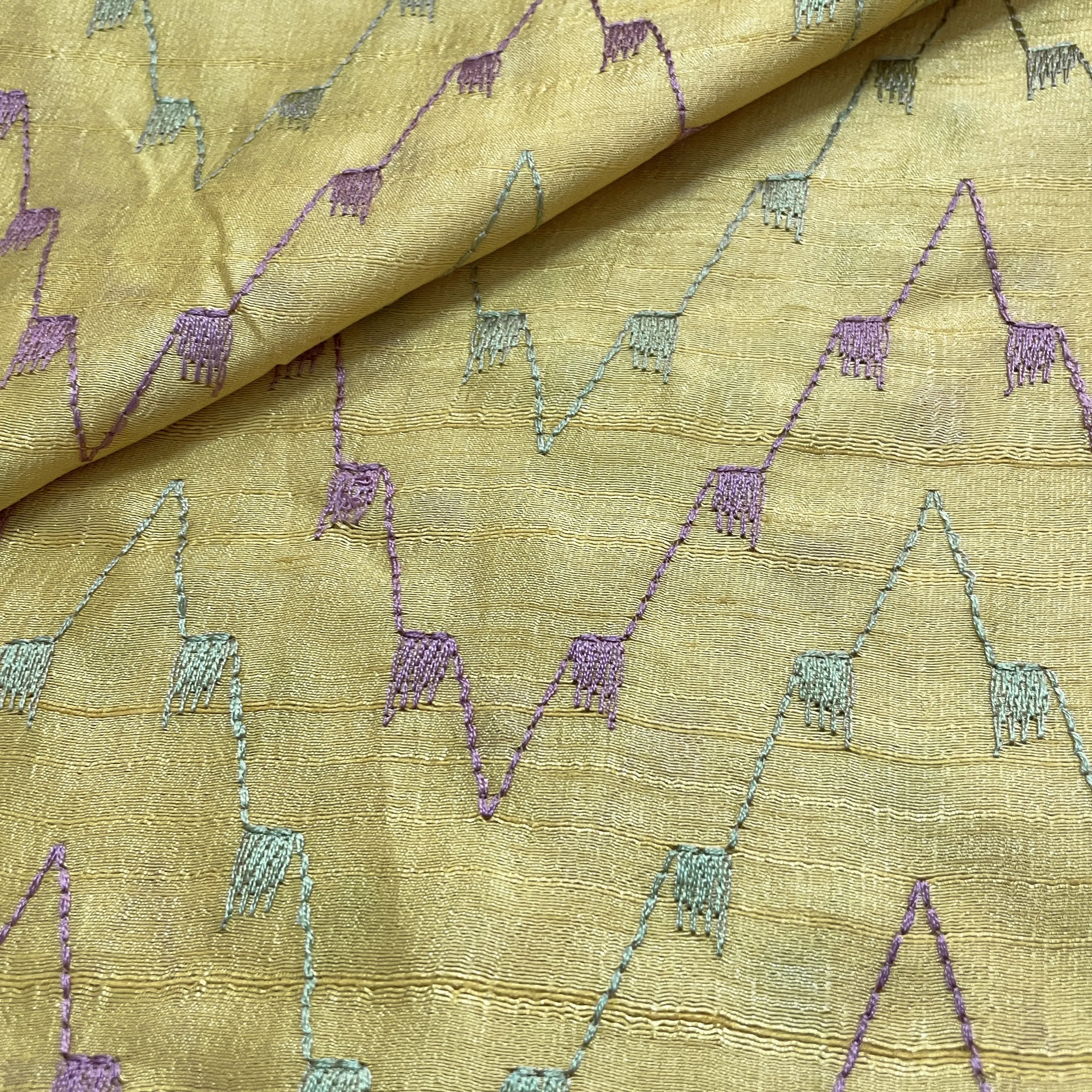 Classic Yellow Abstract Thread Embroidery Bemberg Silk Fabric