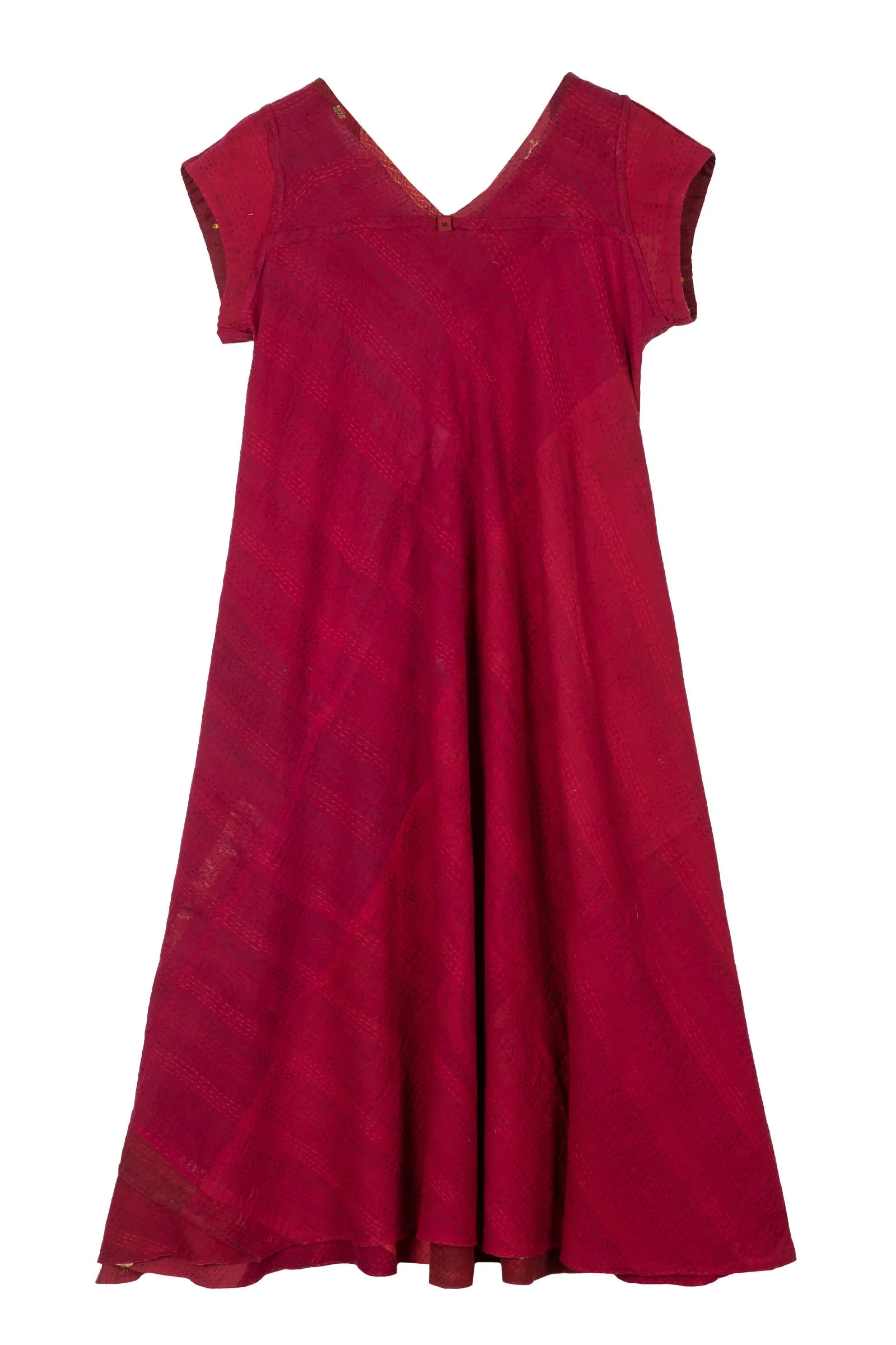 COTTON SILK SW PATCH KANTHA CAP SLV. FLARE DRESS - ws2425-red -