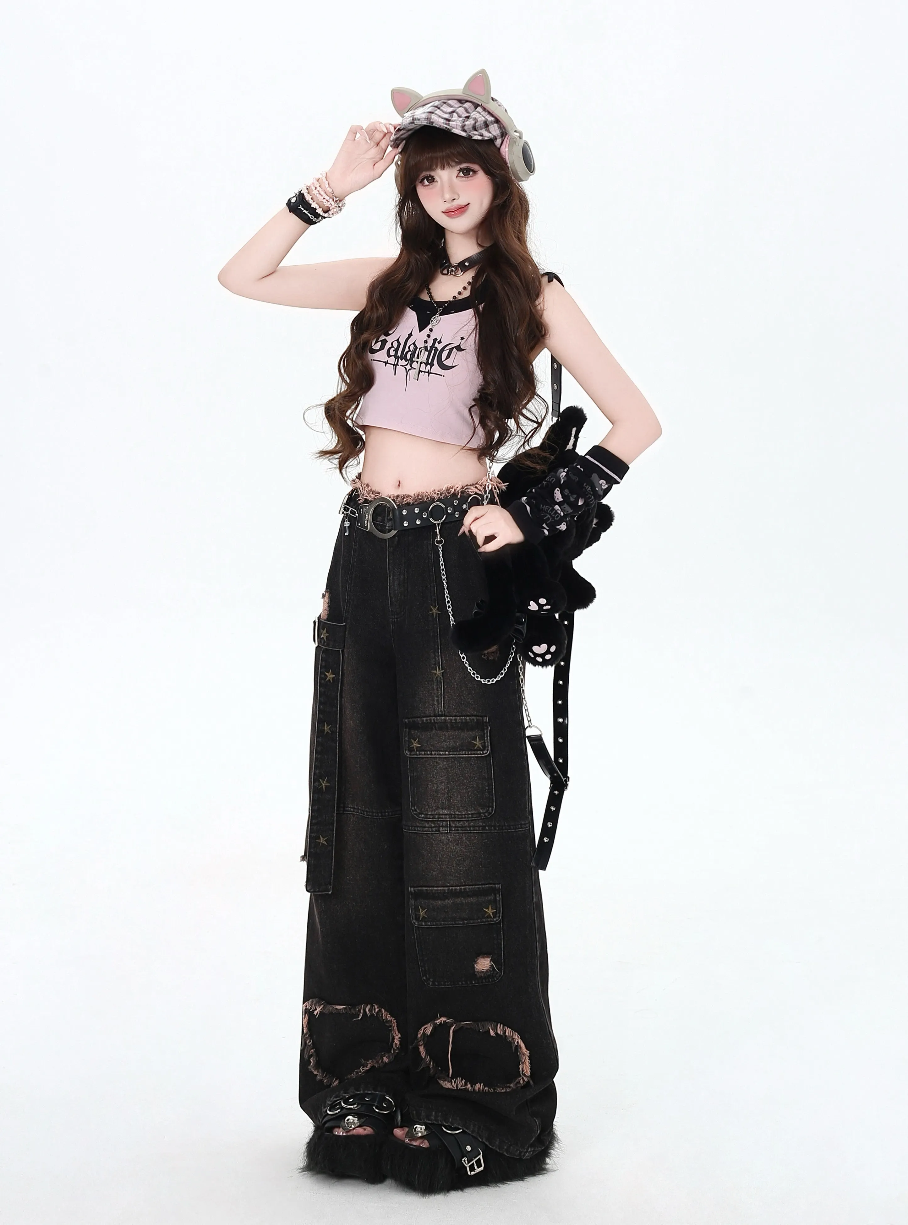 Crazy Girl Distressed Punk Black Heart Denim Baggy Pants