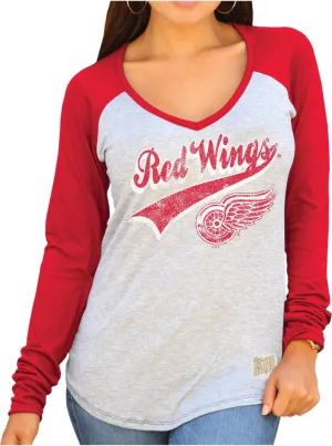 Detroit Red Wings Retro Brand Women Two Tone V-Neck Long Sleeve T-Shirt