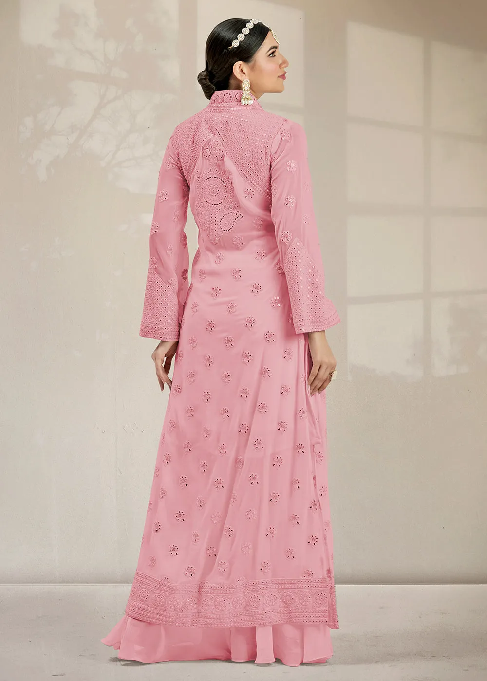 Excellent Party Style Soft Pink Jacket Style Palazzo Suit