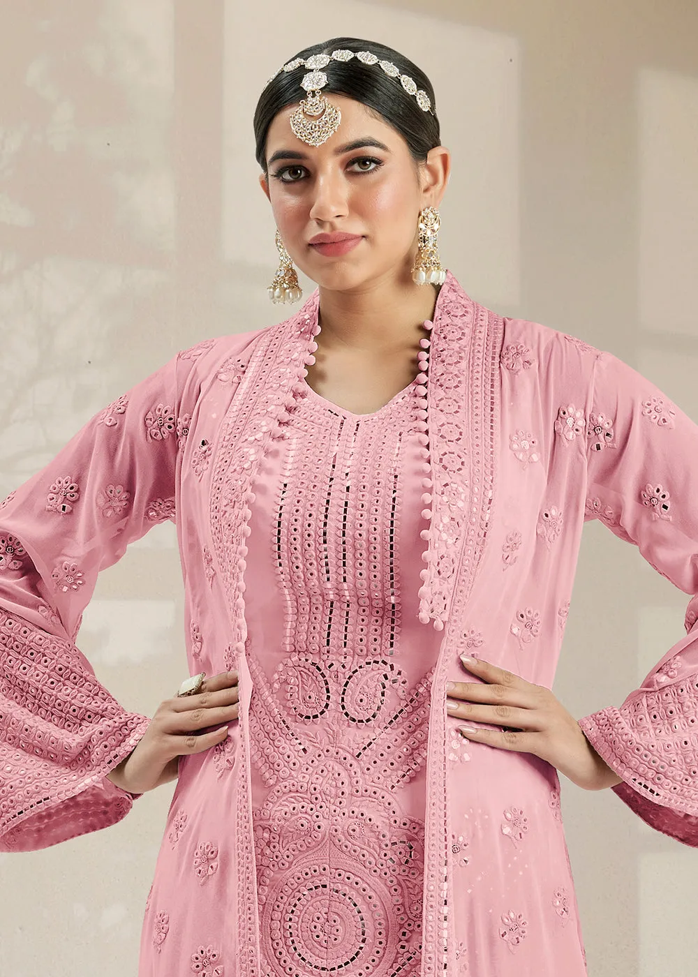 Excellent Party Style Soft Pink Jacket Style Palazzo Suit