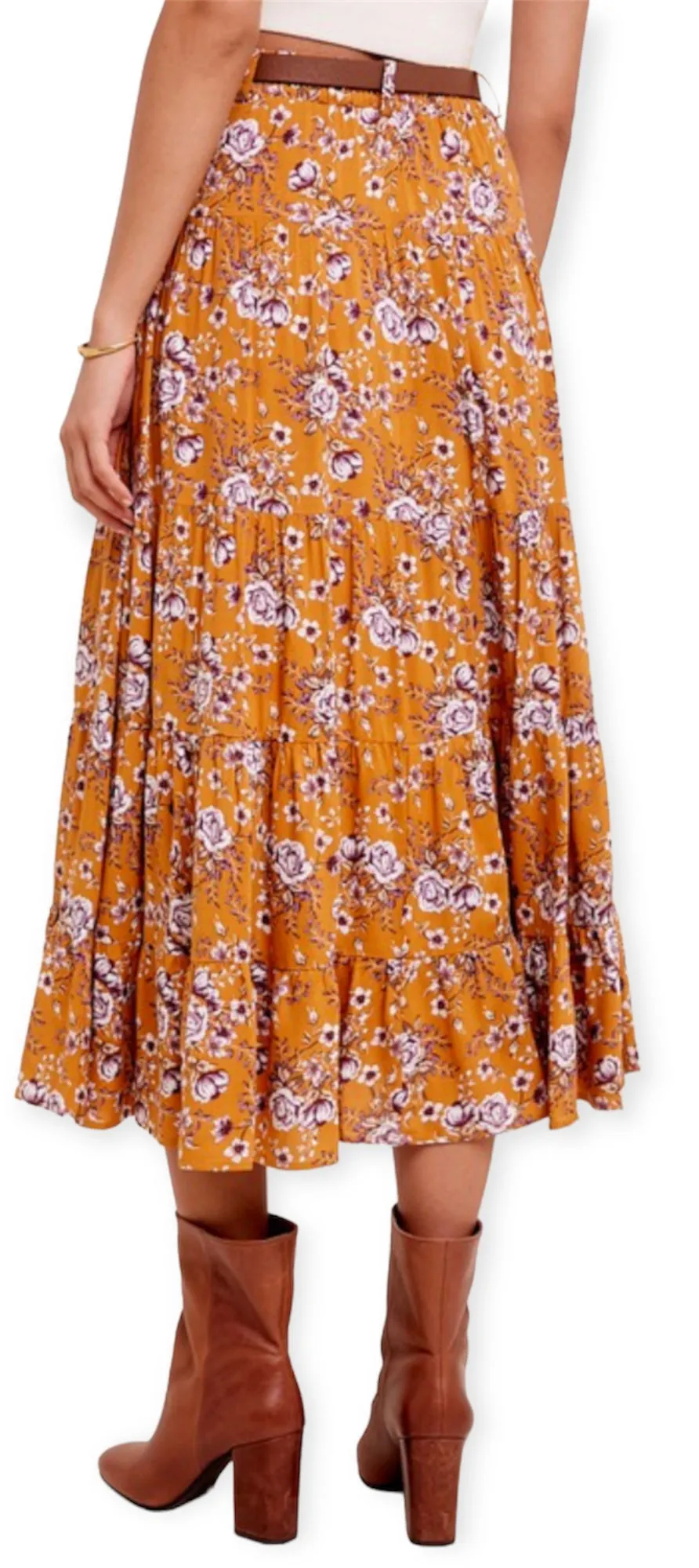 Floral Printed Button Down Waist Tiered Maxi Skirt