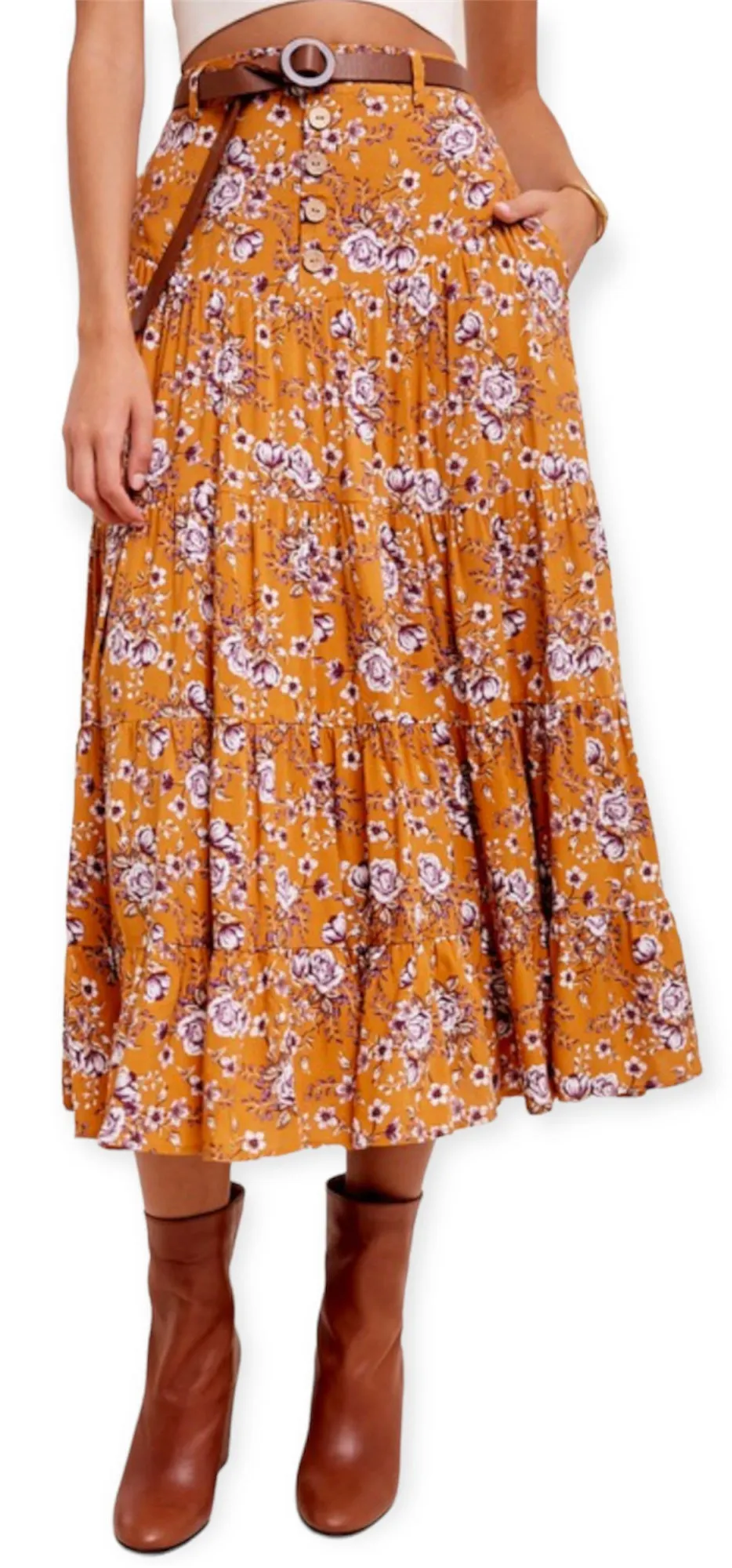 Floral Printed Button Down Waist Tiered Maxi Skirt