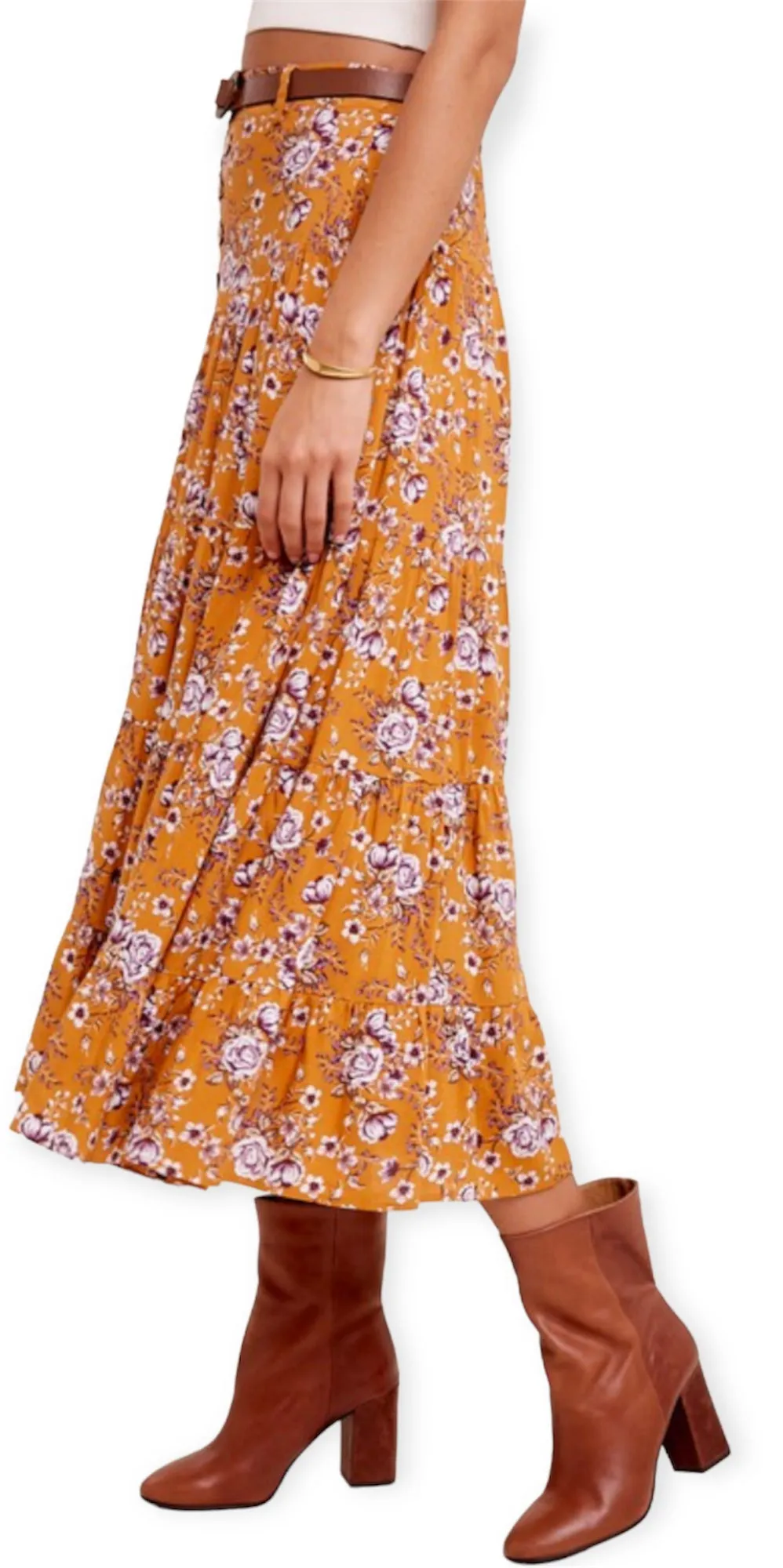 Floral Printed Button Down Waist Tiered Maxi Skirt