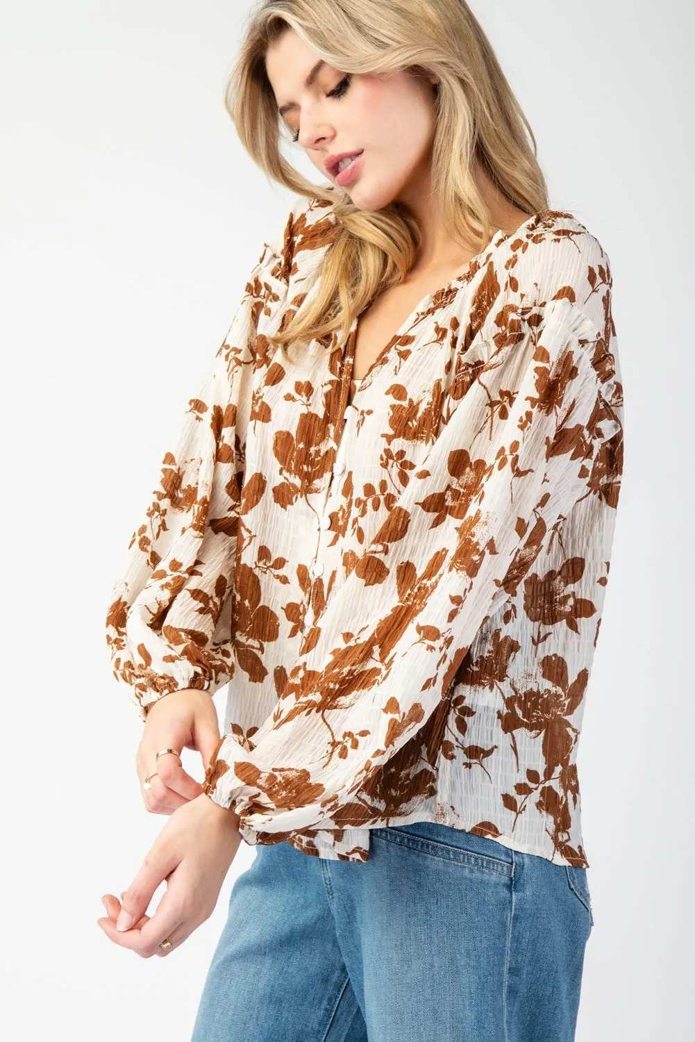 Floral printed crinkle long sleeve blouse top