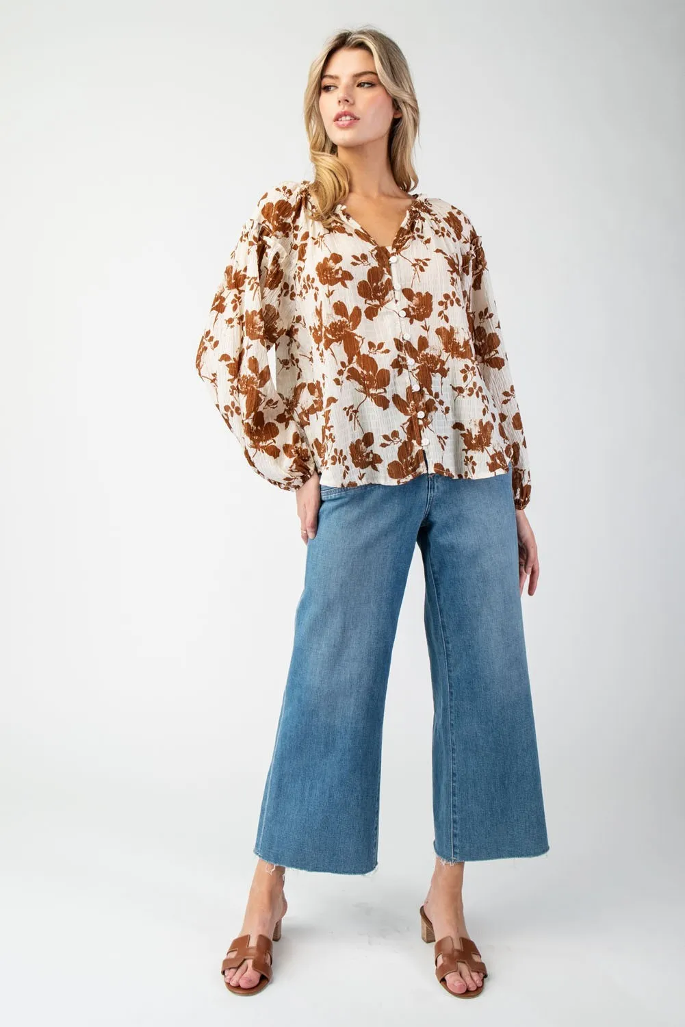 Floral printed crinkle long sleeve blouse top