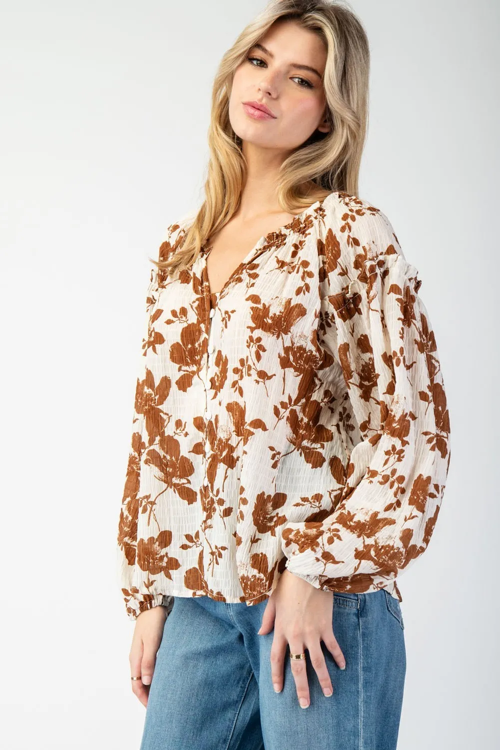 Floral printed crinkle long sleeve blouse top