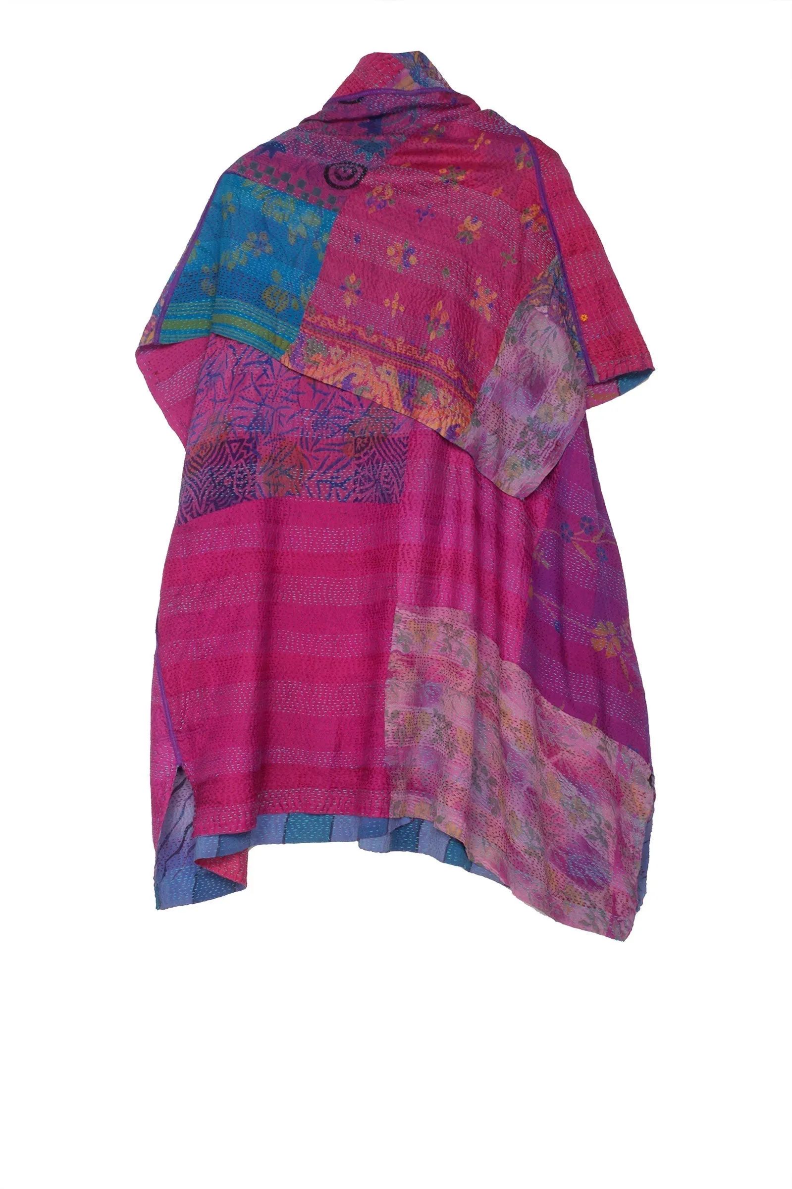 GEORGETTE VINTAGE SILK PATCH KANTHA COWL NECK FLARE TOP - gs2529-pik -