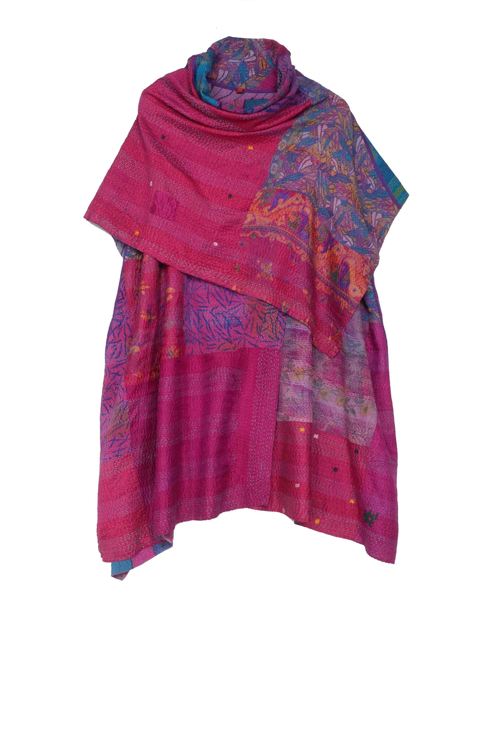 GEORGETTE VINTAGE SILK PATCH KANTHA COWL NECK FLARE TOP - gs2529-pik -