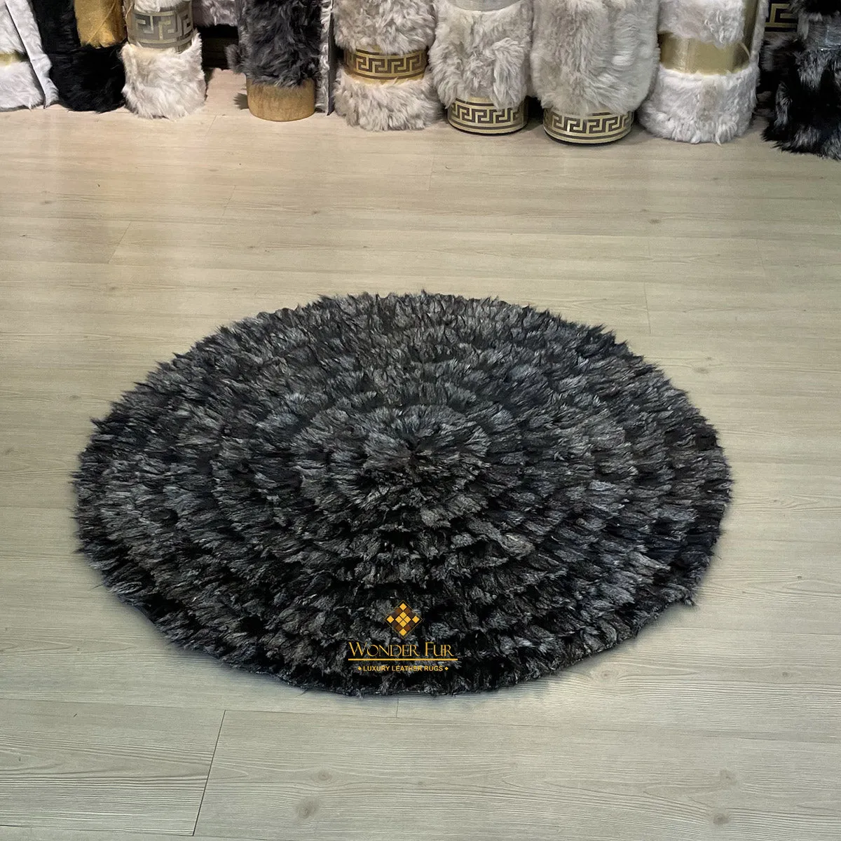 Gray Black Plush Fox Round Fur Carpet Rug for Living Room