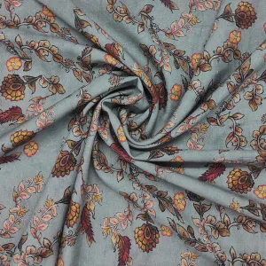 Grey Floral Print Cotton Linen Fabric