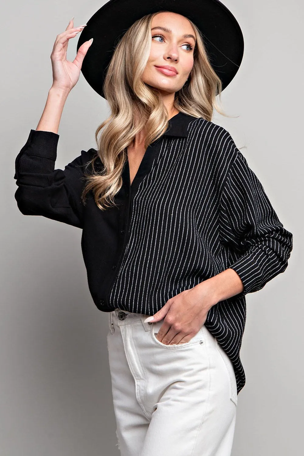 Half stripe printed long sleeve shirt top with button down front