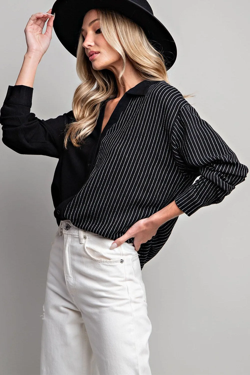 Half stripe printed long sleeve shirt top with button down front