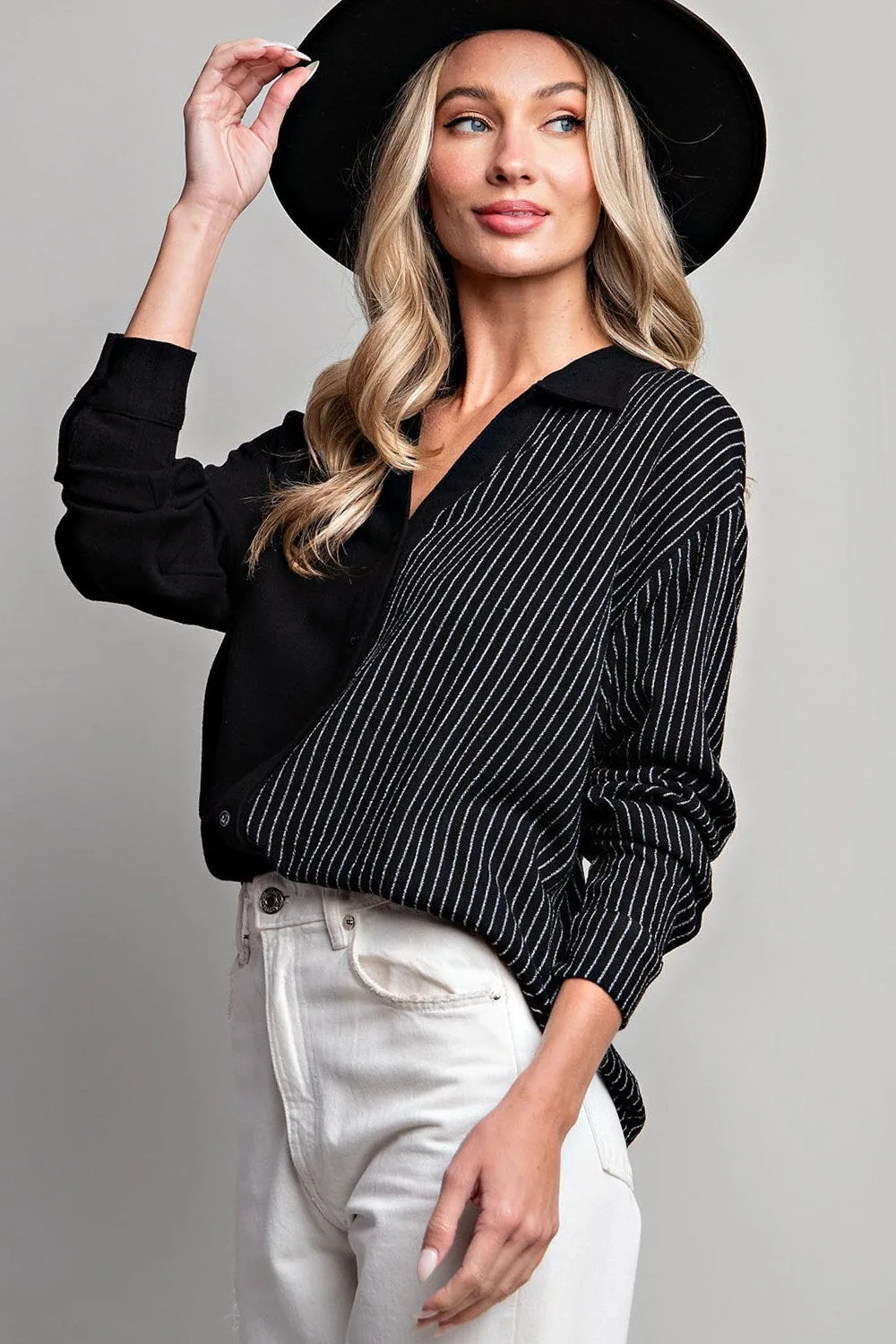 Half stripe printed long sleeve shirt top with button down front