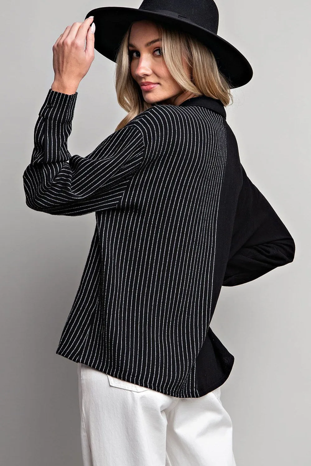 Half stripe printed long sleeve shirt top with button down front