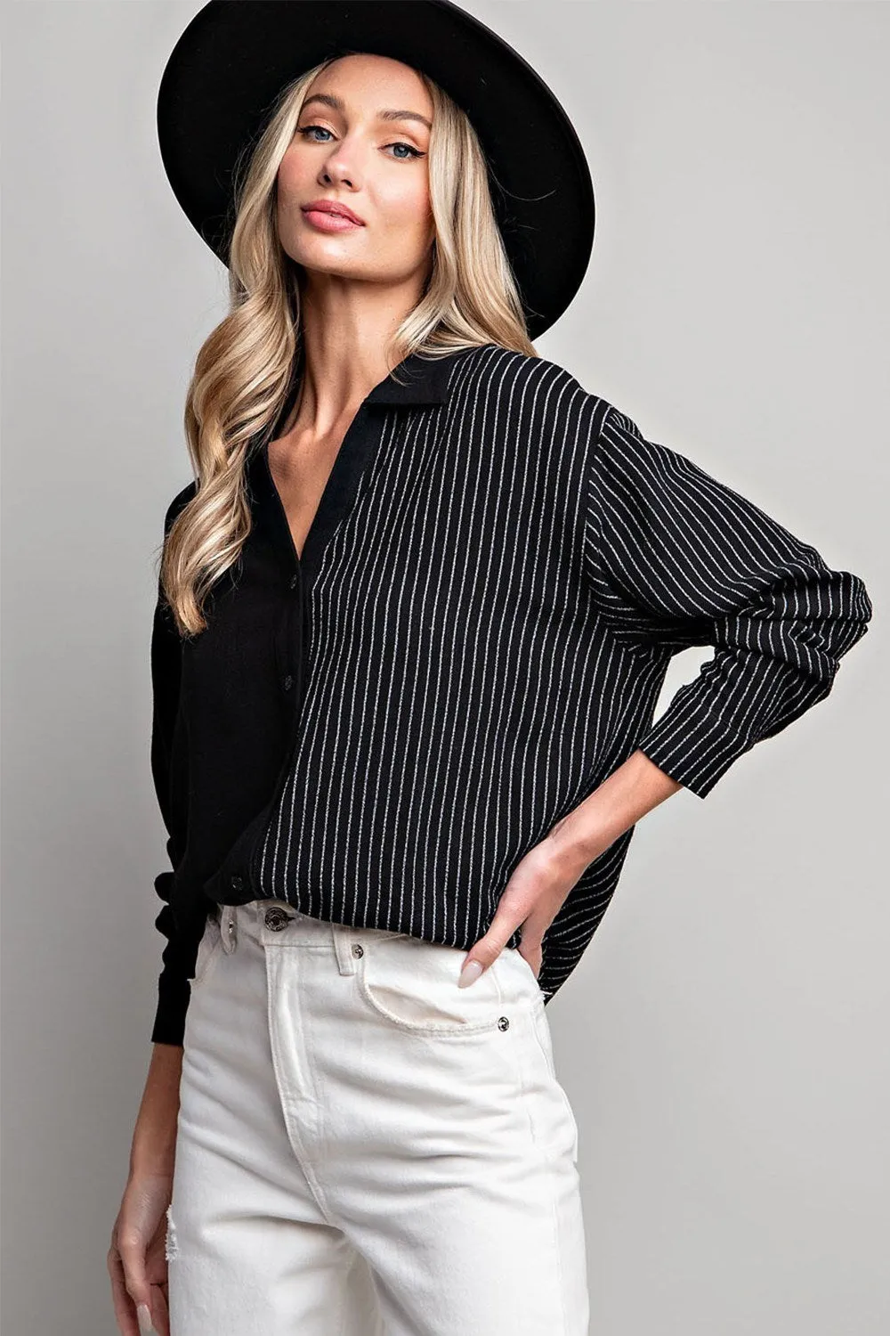 Half stripe printed long sleeve shirt top with button down front