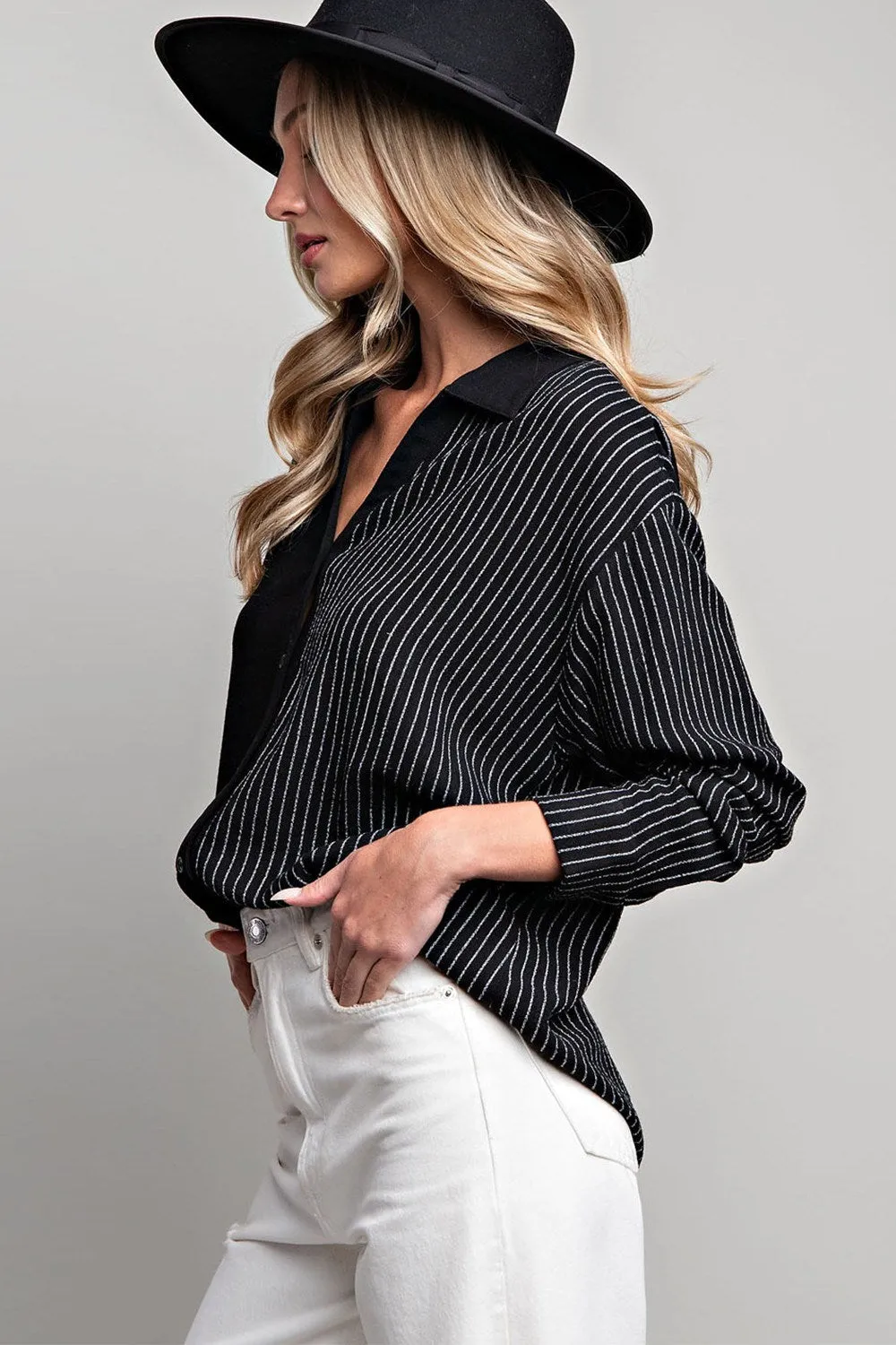 Half stripe printed long sleeve shirt top with button down front