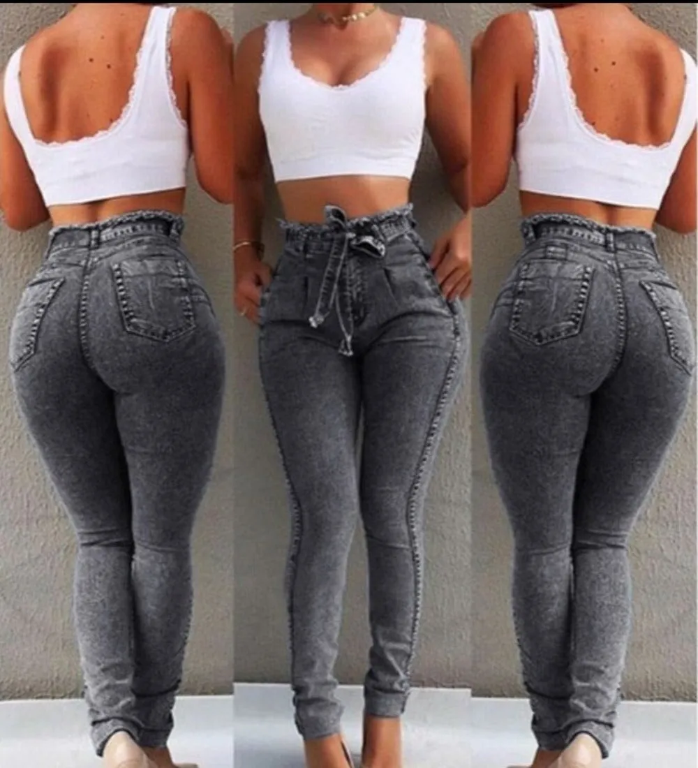 High Waist Slim Stretch Denim Tassel Belt Bandage Skinny Push Up Jeans