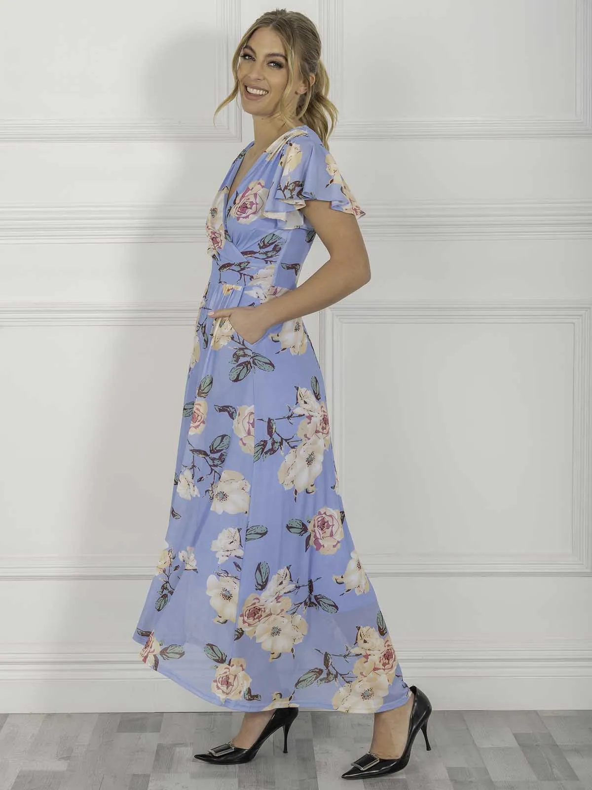 Jolie Moi Eliza Dip Hem Mesh Maxi Dress, Blue Floral