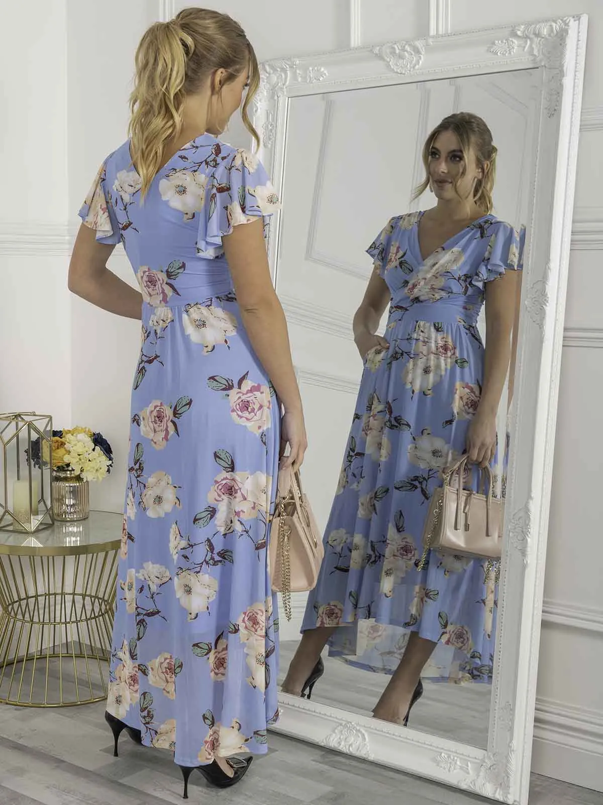 Jolie Moi Eliza Dip Hem Mesh Maxi Dress, Blue Floral