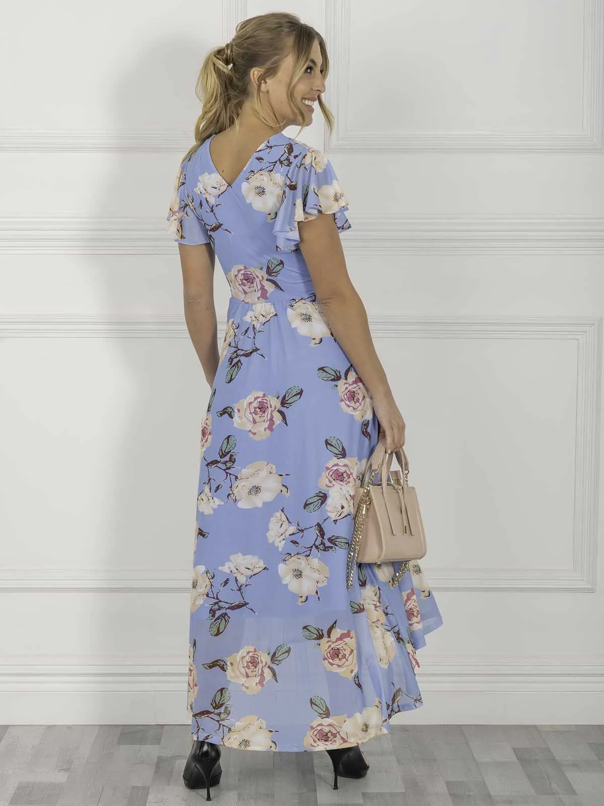 Jolie Moi Eliza Dip Hem Mesh Maxi Dress, Blue Floral