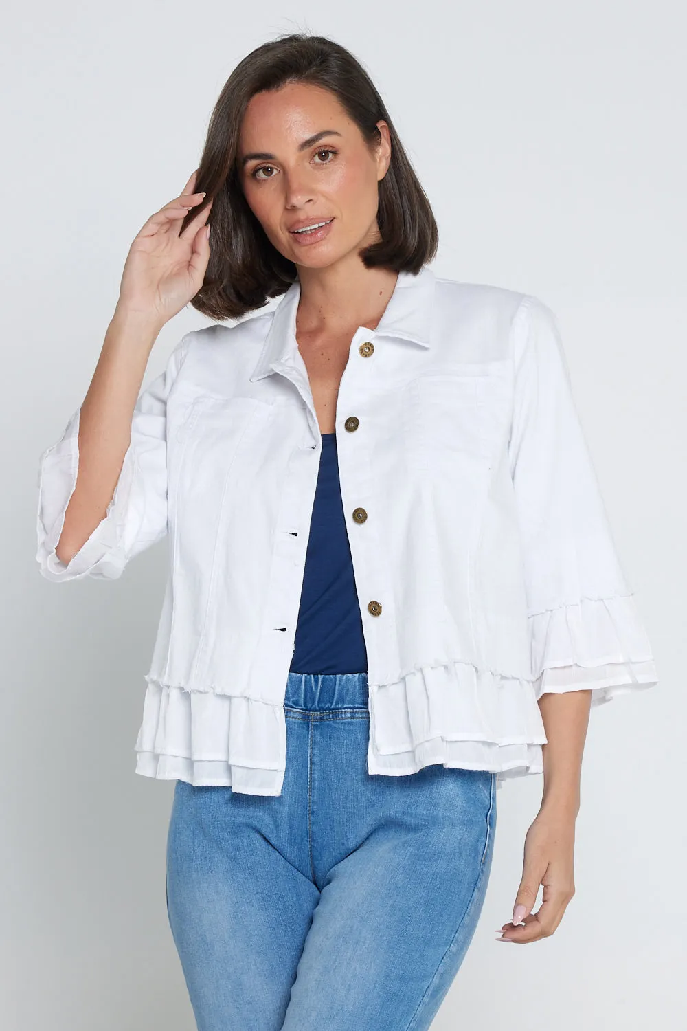 Leelah Cropped Ruffle Denim Jacket - White