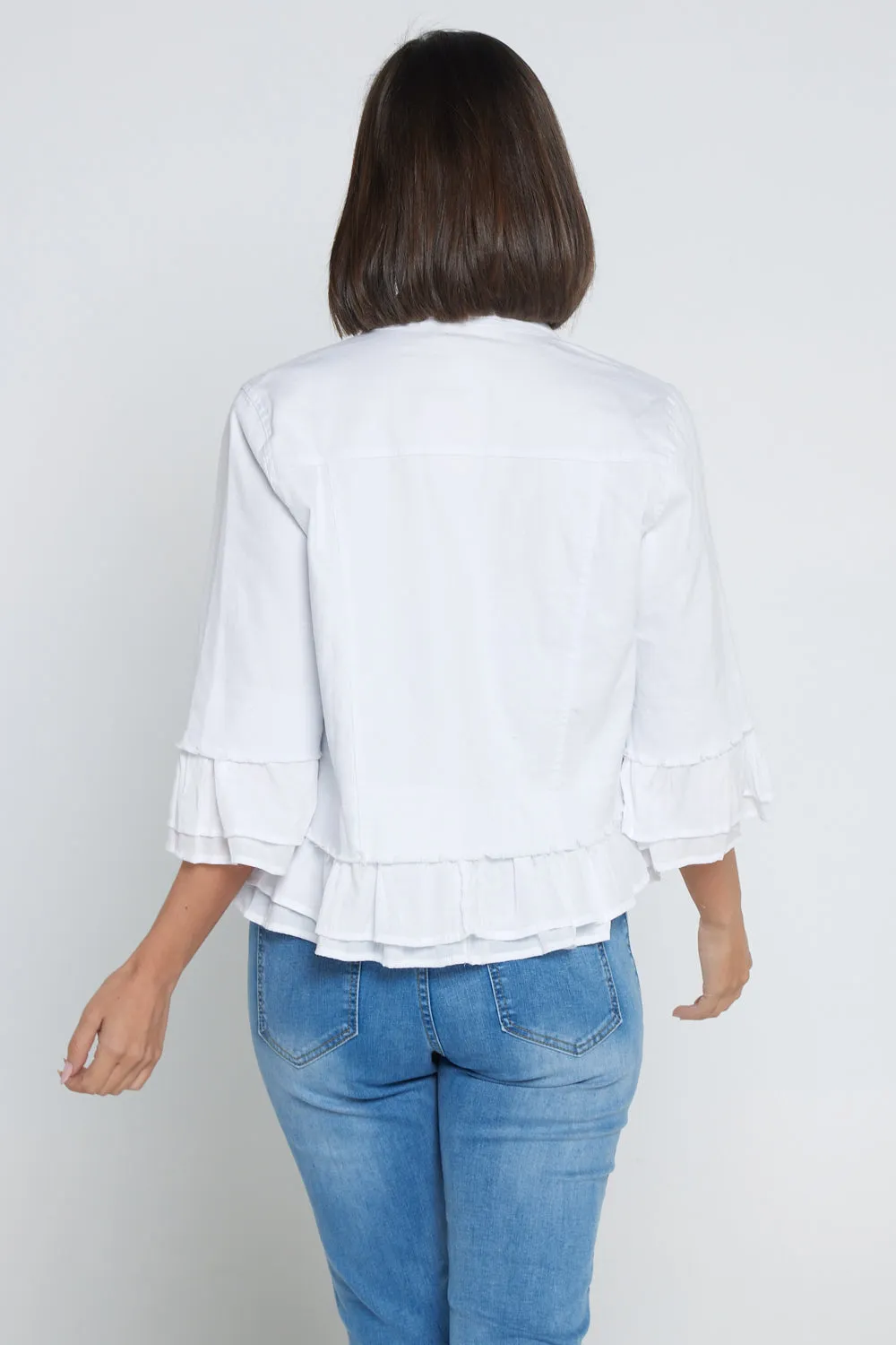 Leelah Cropped Ruffle Denim Jacket - White