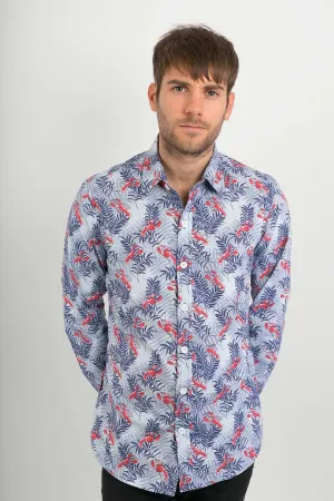 Lobster Blue Sea Print Cotton Slim Fit Mens Shirt Long Sleeve