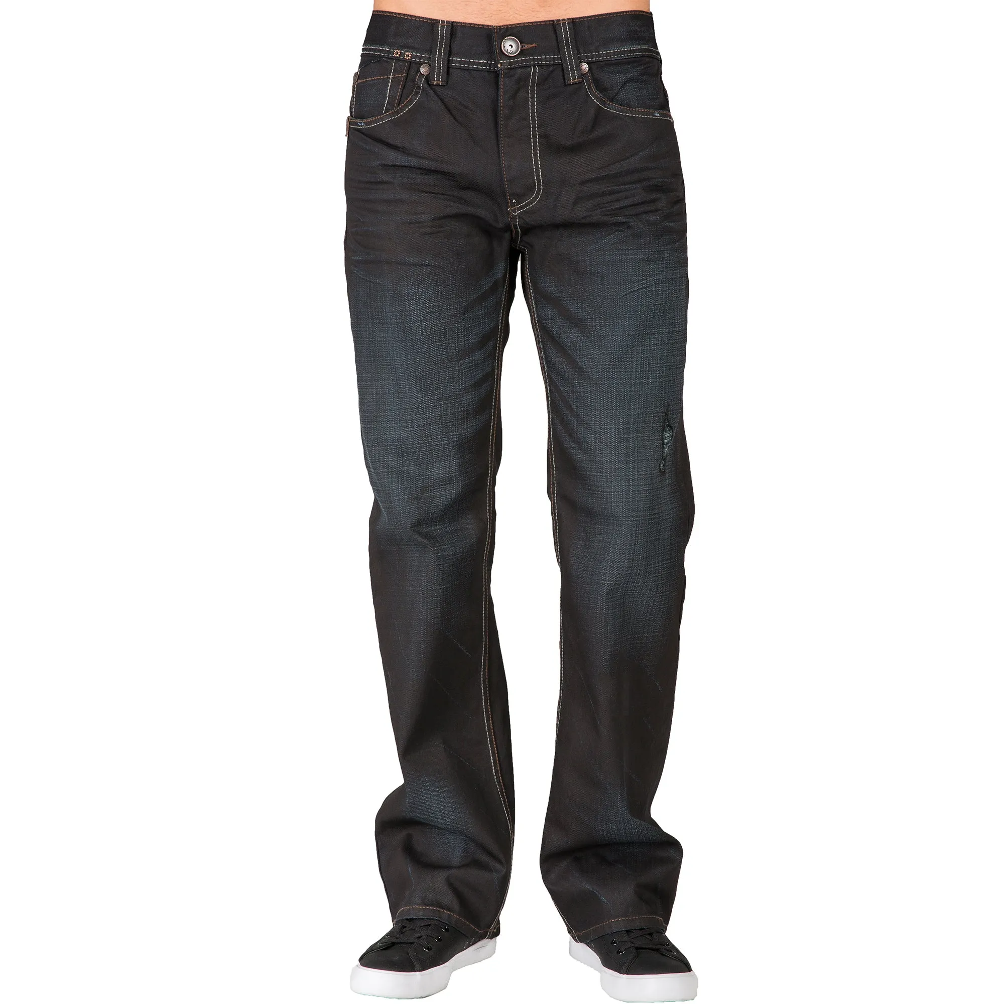 Men's Relaxed Bootcut Black Premium Denim 5 Pocket Jeans Black Overspray Coating