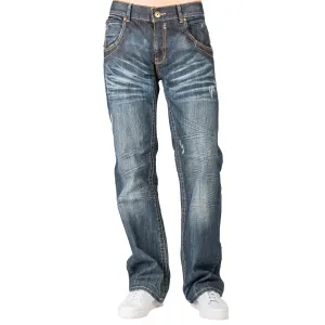 Men's Relaxed Bootcut Premium Denim Medium Blue Distressed Jean Zipper Utility Pocket