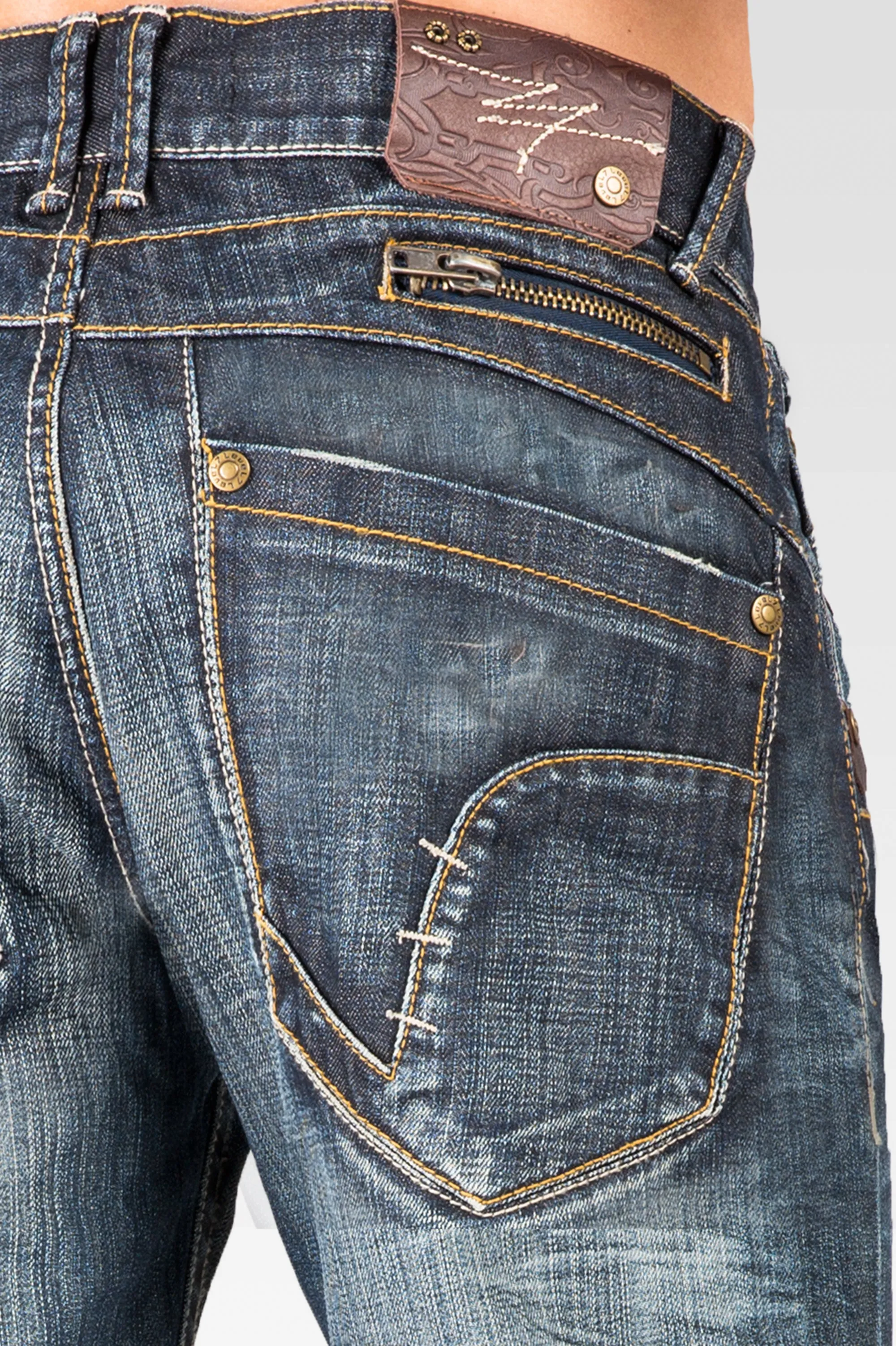 Men's Relaxed Bootcut Premium Denim Medium Blue Distressed Jean Zipper Utility Pocket