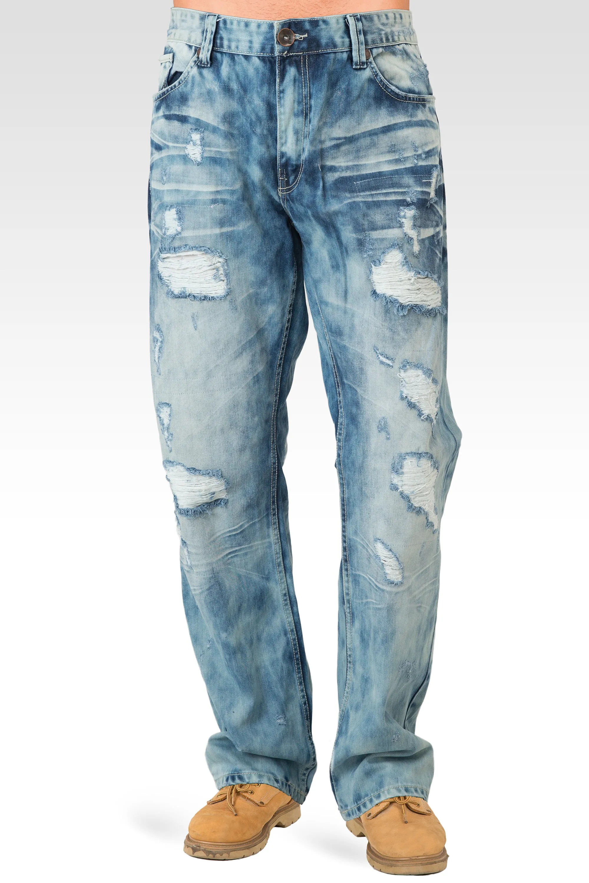 Mens Slim Straight Bleach Washed Distressed Premium Denim Jeans